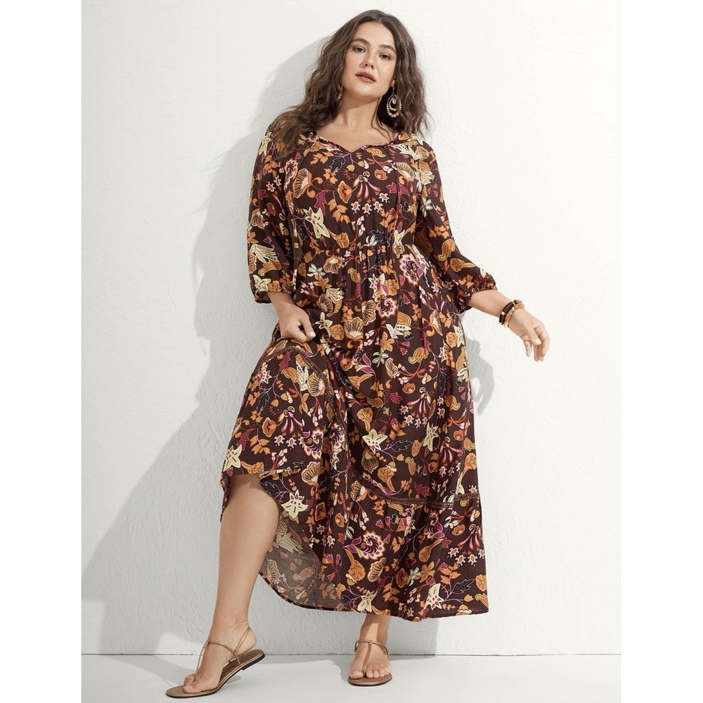 Bloomchic Boho Maxi Dress Womens 28 Brown Floral Cottagecore Fall 3/4 Sleeve